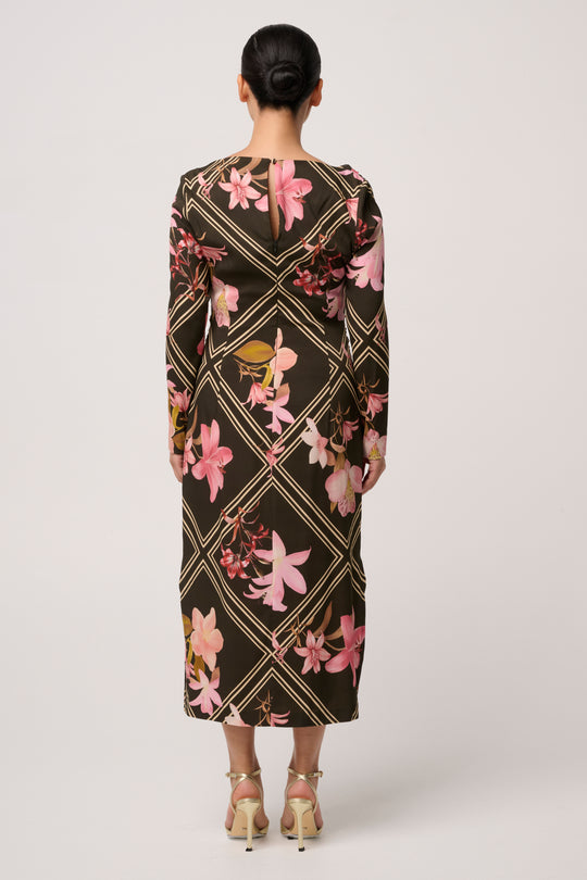 UNDER 5'4 Jayden Cupro Viscose Stretch Dress in Obsidian Bloom