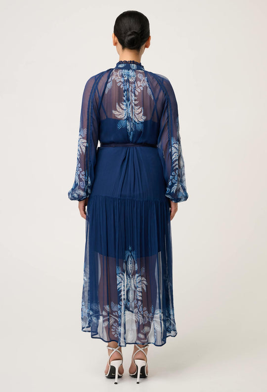 OnceWas PETITE Sloane Viscose Chiffon Print Midi Dress  in Moonlit Batik