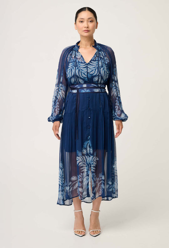 OnceWas PETITE Sloane Viscose Chiffon Print Midi Dress  in Moonlit Batik