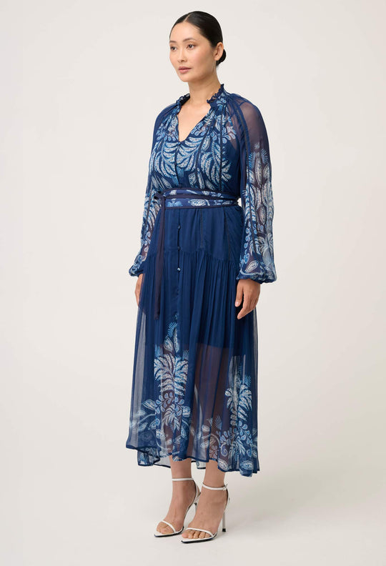 OnceWas PETITE Sloane Viscose Chiffon Print Midi Dress  in Moonlit Batik