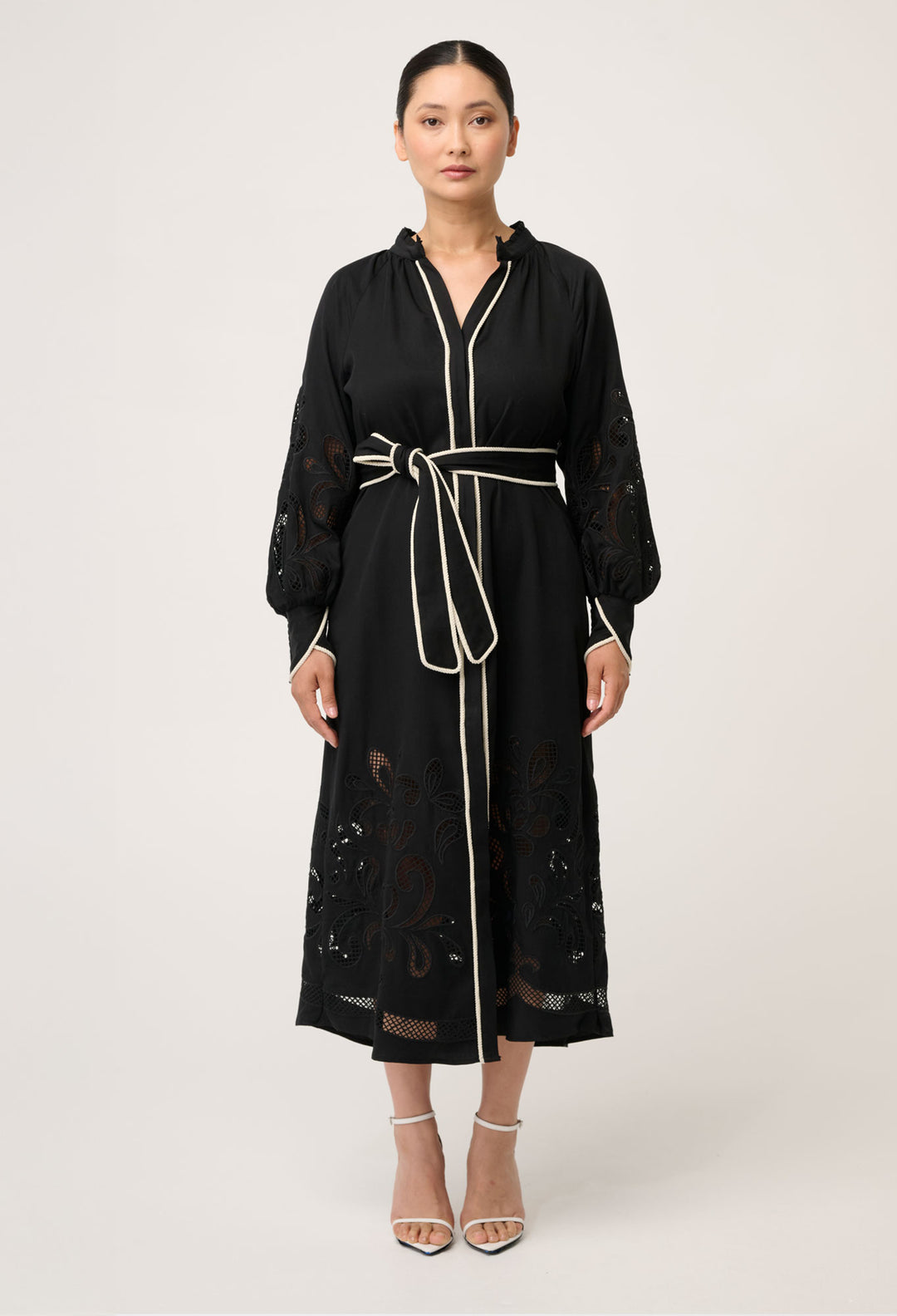 OnceWas PETITE Rhea Embroidered Tencel Maxi Dress in Black