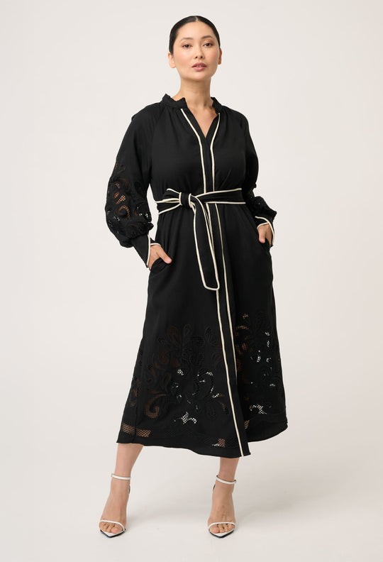 OnceWas PETITE Rhea Embroidered Tencel Maxi Dress in Black