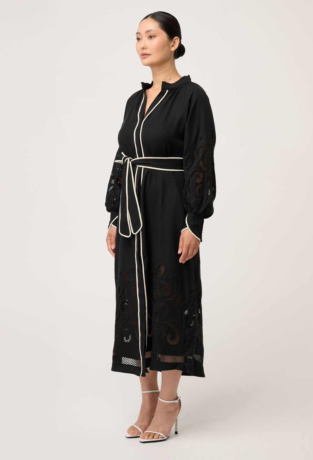OnceWas PETITE Rhea Embroidered Tencel Maxi Dress in Black