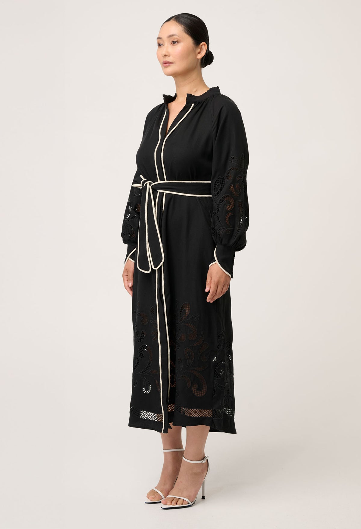 OnceWas PETITE Rhea Embroidered Tencel Maxi Dress in Black