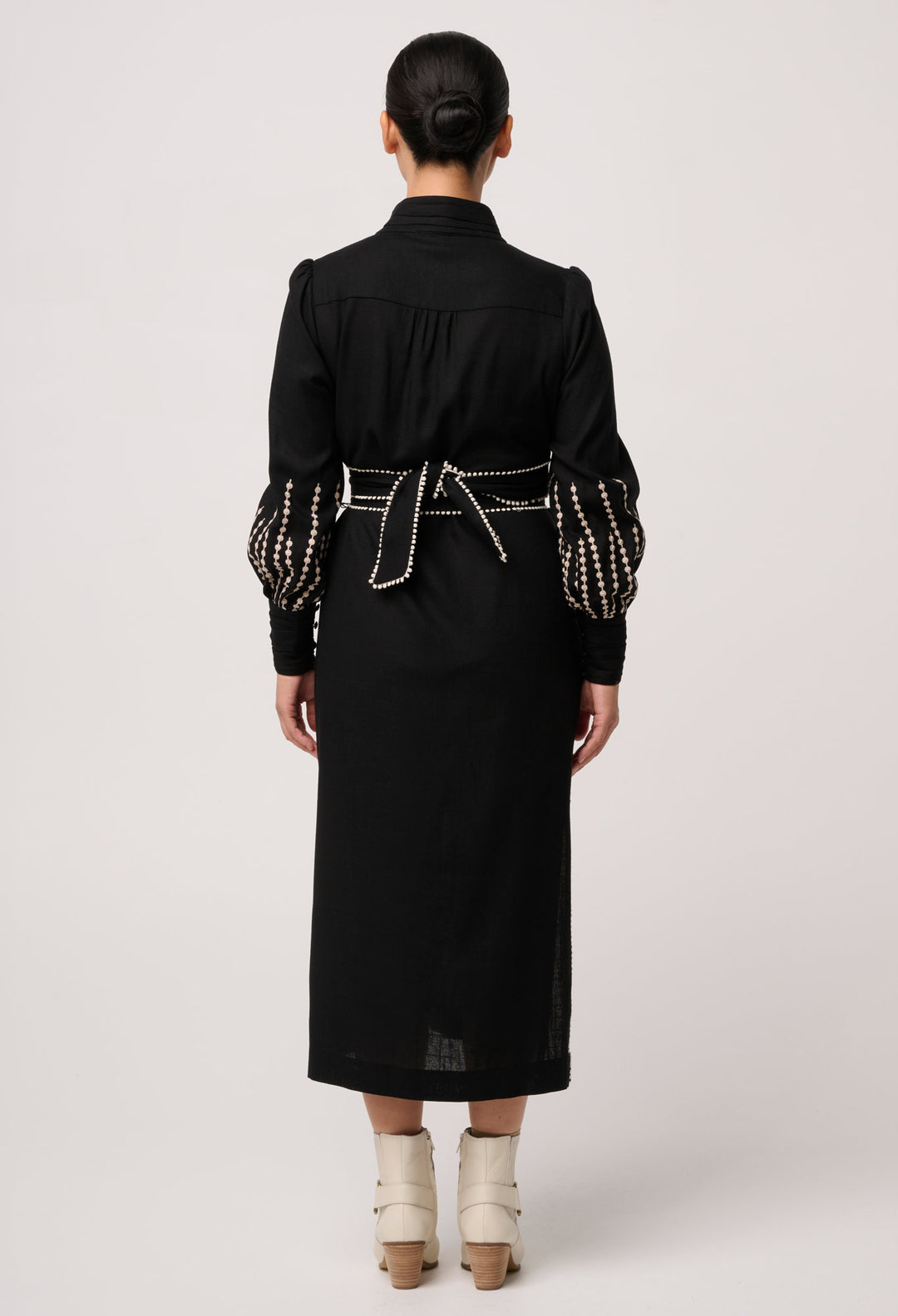 OWP Edith Linen Viscose Embroidered Column Midi Dress in Black