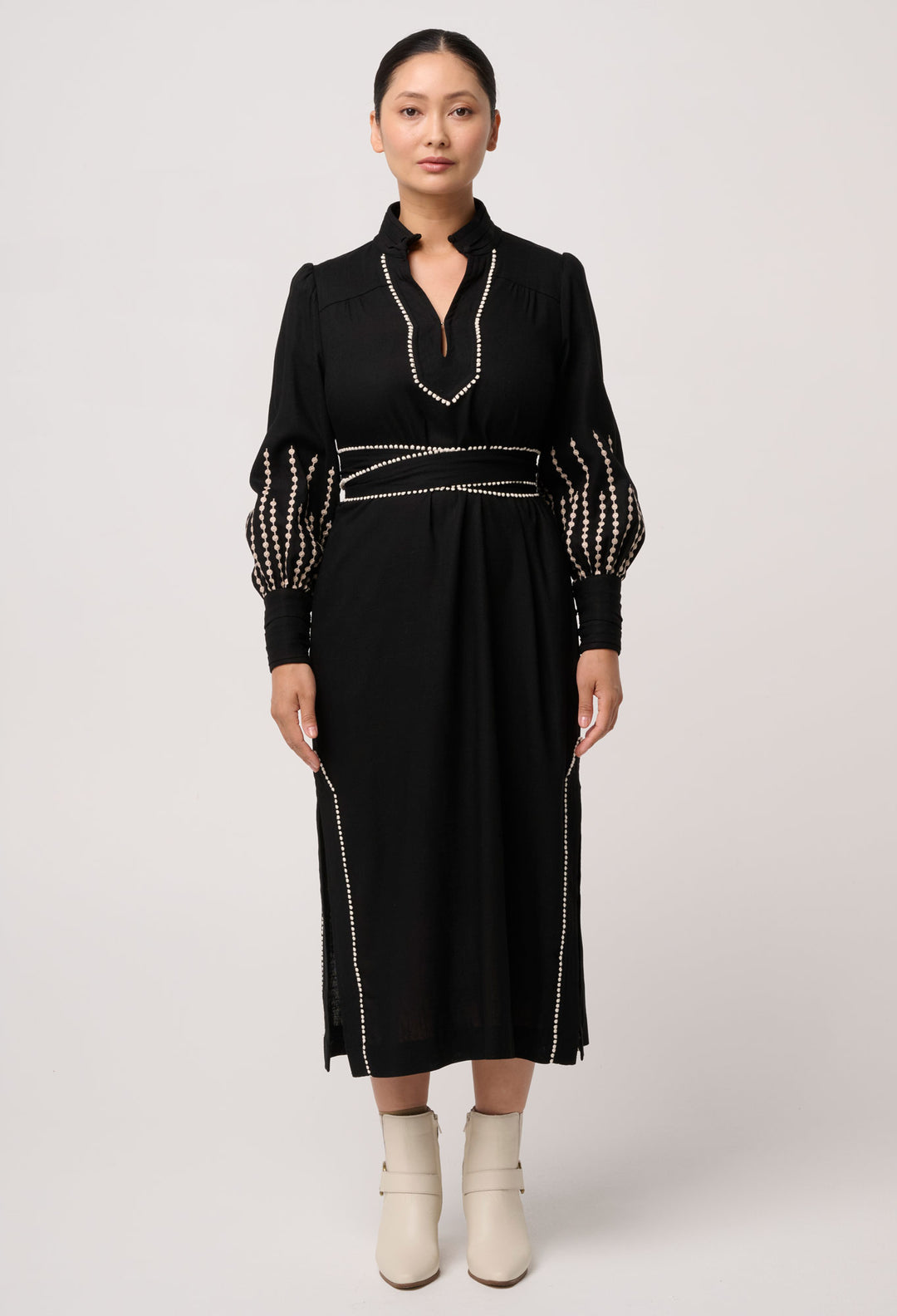 OWP Edith Linen Viscose Embroidered Column Midi Dress in Black