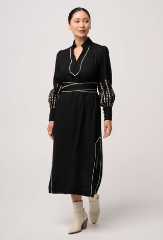 UNDER 5'4 Edith Linen Viscose Embroidered Column Midi Dress in Black