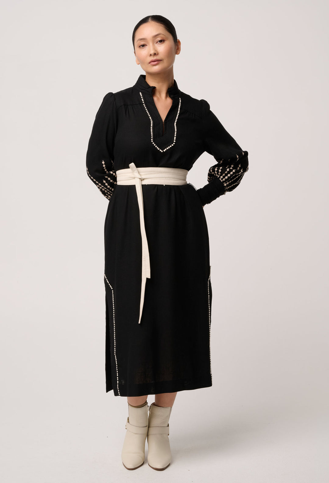 OWP Edith Linen Viscose Embroidered Column Midi Dress in Black