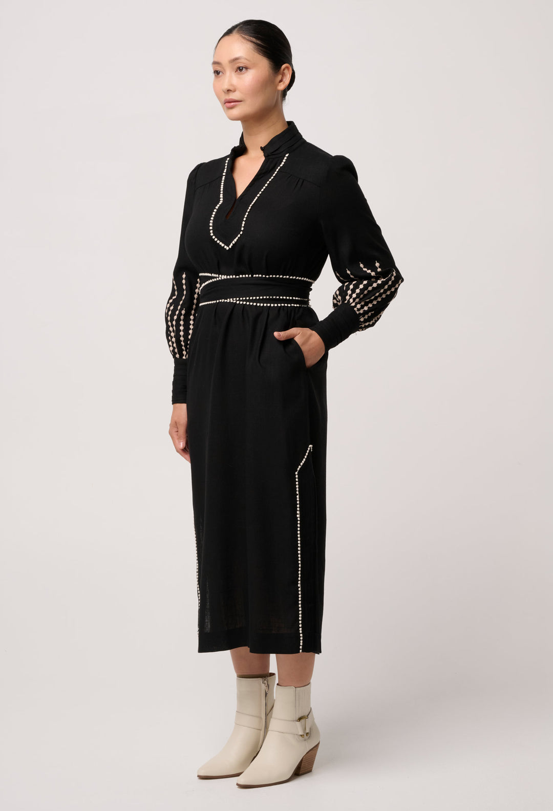 OWP Edith Linen Viscose Embroidered Column Midi Dress in Black
