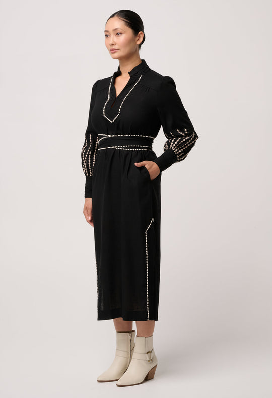 OWP Edith Linen Viscose Embroidered Column Midi Dress in Black