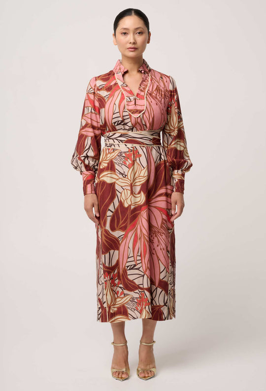 UNDER 5"4 Edith Viscose Blend Printed Column Midi Dress in Cathedral Botanic