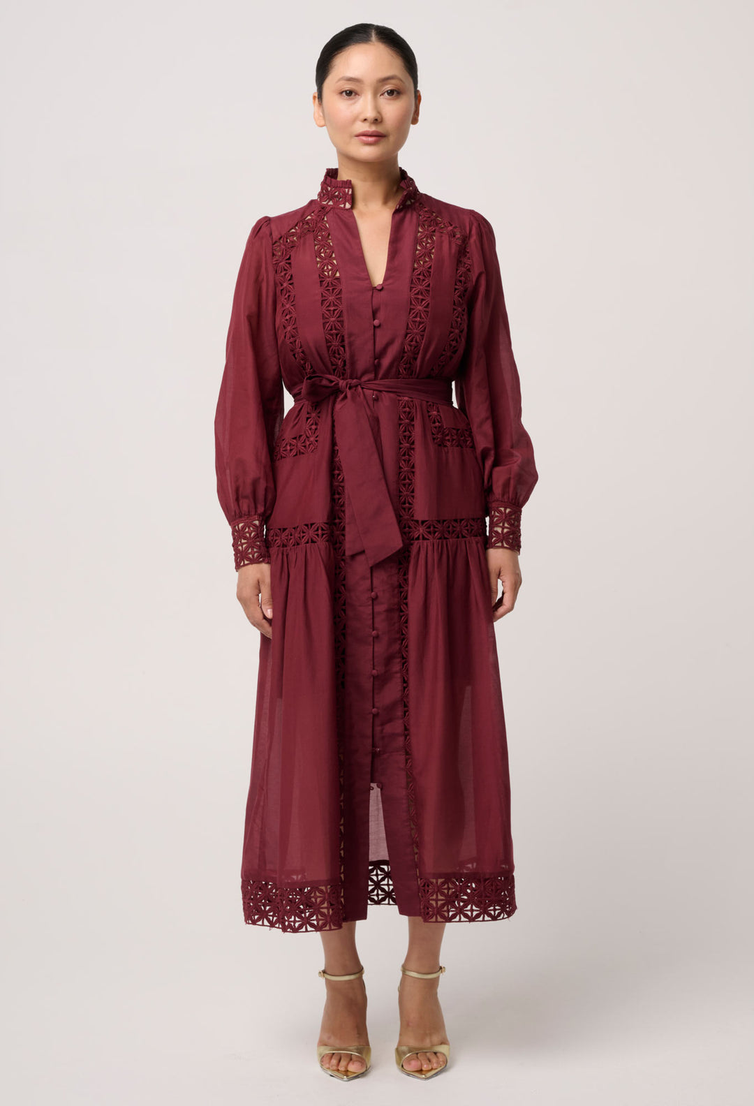 UNDER 5'4 Cascadian Cotton Silk Lace Maxi Dress in Bordeaux