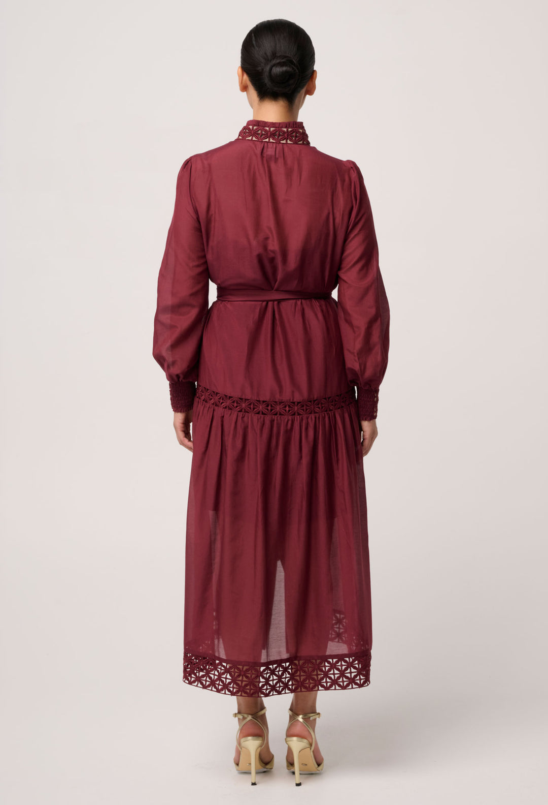 UNDER 5'4 Cascadian Cotton Silk Lace Maxi Dress in Bordeaux