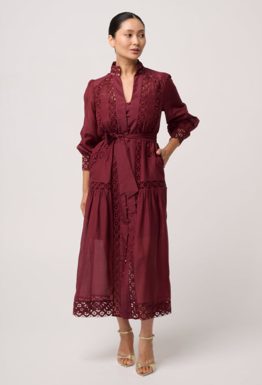UNDER 5'4 Cascadian Cotton Silk Lace Maxi Dress in Bordeaux