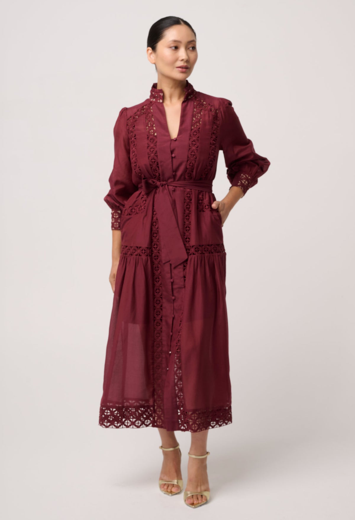 UNDER 5'4 Cascadian Cotton Silk Lace Maxi Dress in Bordeaux