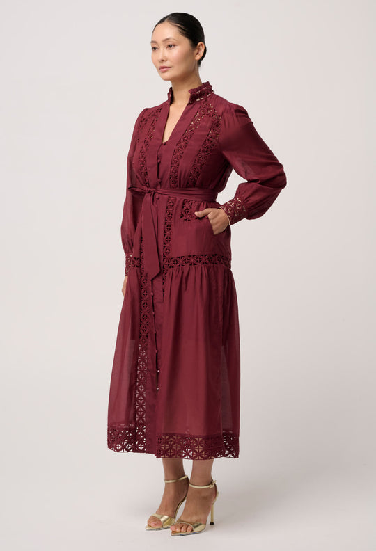 UNDER 5'4 Cascadian Cotton Silk Lace Maxi Dress in Bordeaux