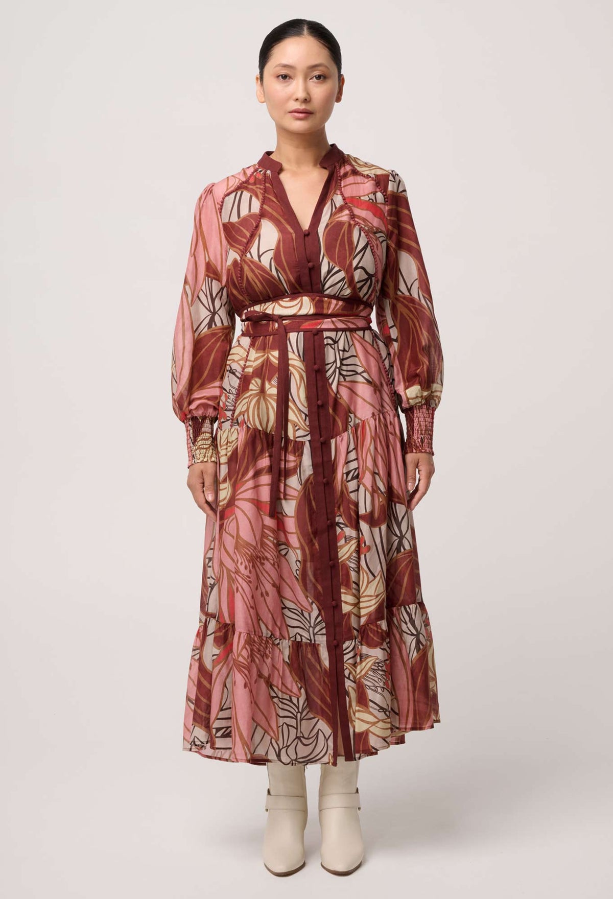 UNDER 5'4 Liliana Cotton Silk Printed Maxi Dress in Cathedral Botanic