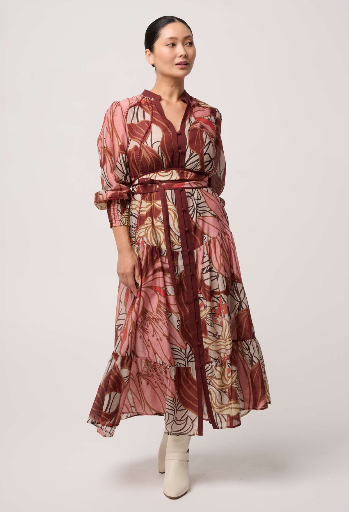 UNDER 5'4 Liliana Cotton Silk Printed Maxi Dress in Cathedral Botanic