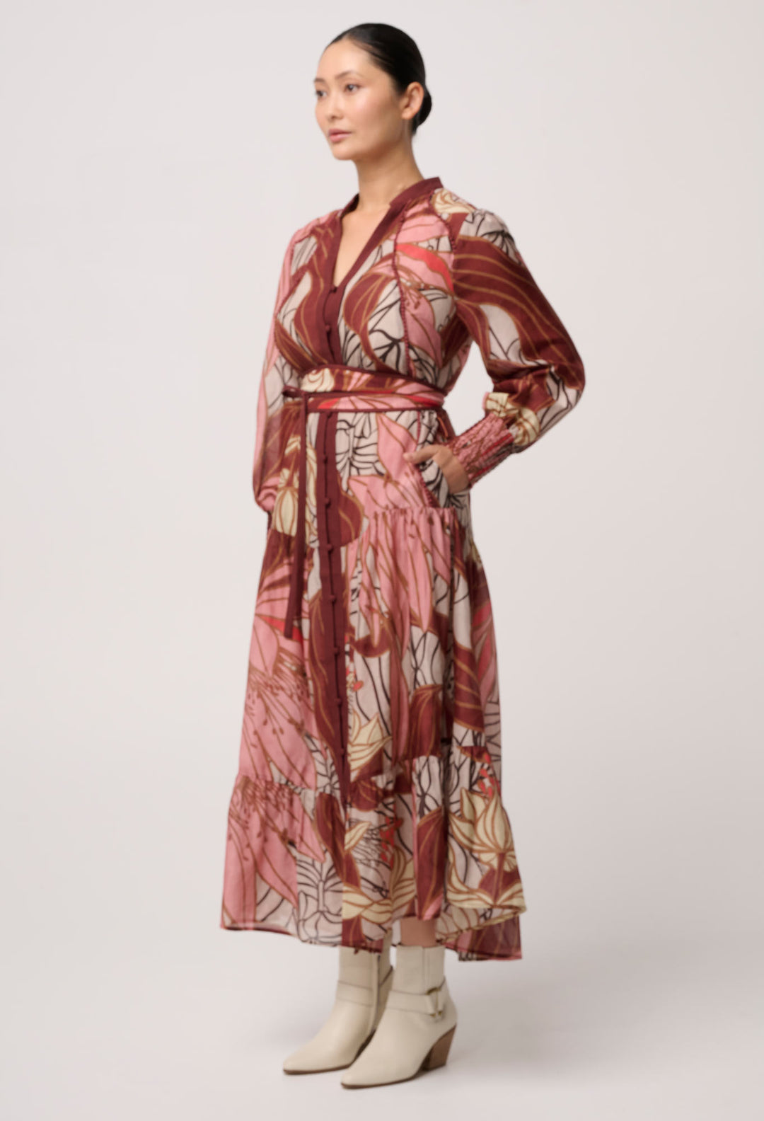UNDER 5'4 Liliana Cotton Silk Printed Maxi Dress in Cathedral Botanic