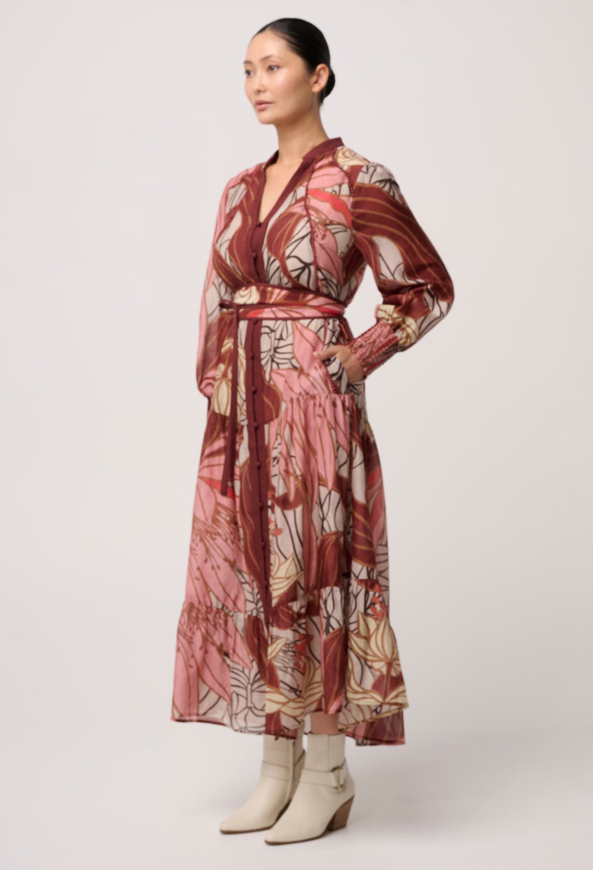 UNDER 5'4 Liliana Cotton Silk Printed Maxi Dress in Cathedral Botanic