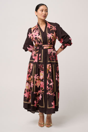 UNDER 5'4 Adine Linen Viscose Printed Maxi Dress in Obsidian Bloom