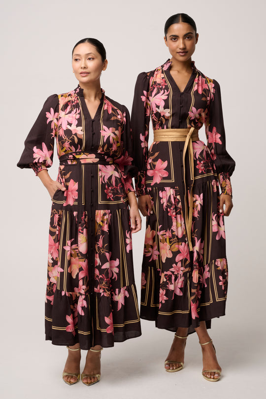 UNDER 5'4 Adine Linen Viscose Printed Maxi Dress in Obsidian Bloom