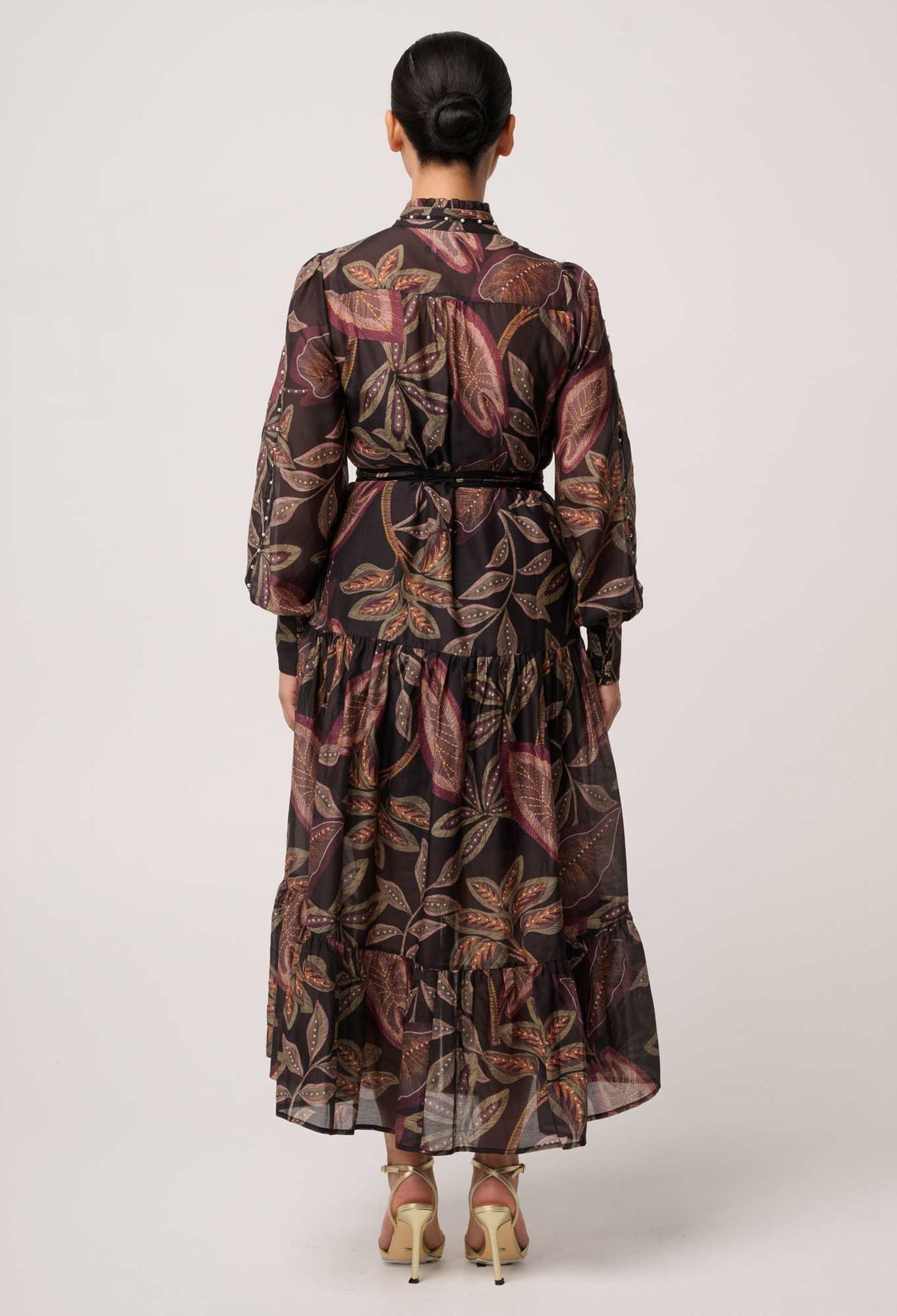 UNDER 5'4 Wanderlust Pearl Embellished Cotton Silk Maxi Dress in Dark Tropique