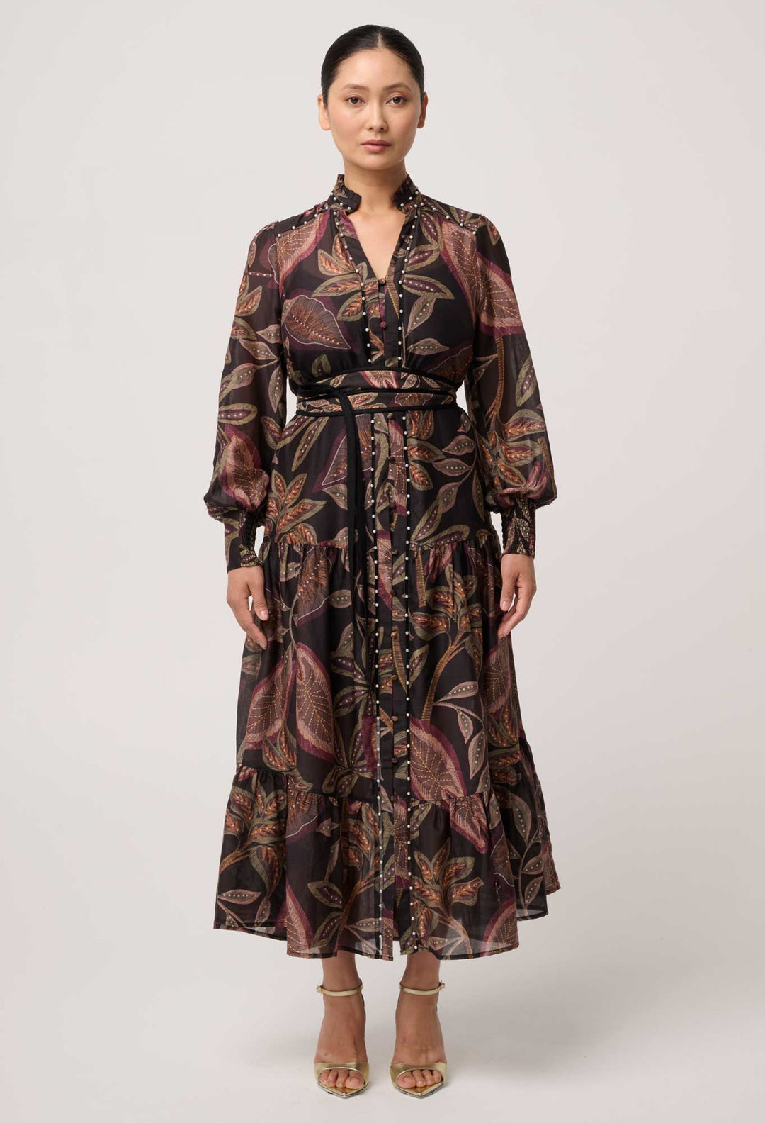 UNDER 5'4 Wanderlust Pearl Embellished Cotton Silk Maxi Dress in Dark Tropique