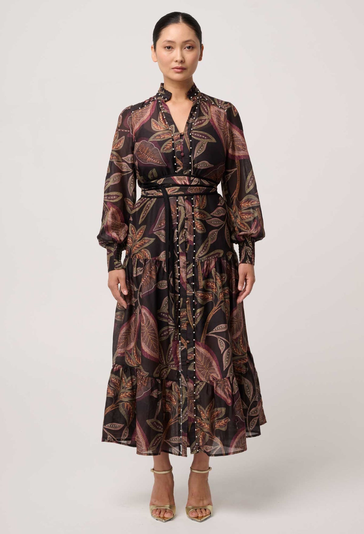 UNDER 5'4 Wanderlust Pearl Embellished Cotton Silk Maxi Dress in Dark Tropique