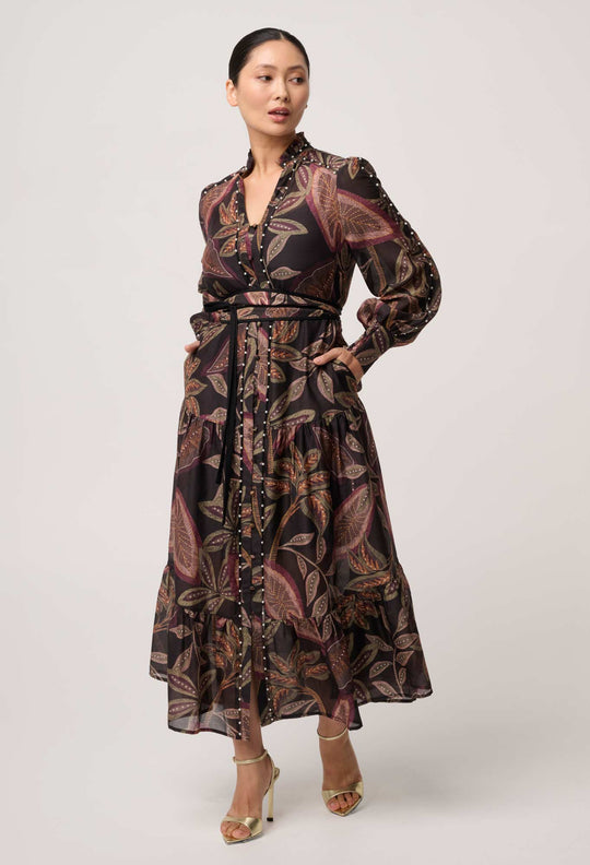 UNDER 5'4 Wanderlust Pearl Embellished Cotton Silk Maxi Dress in Dark Tropique