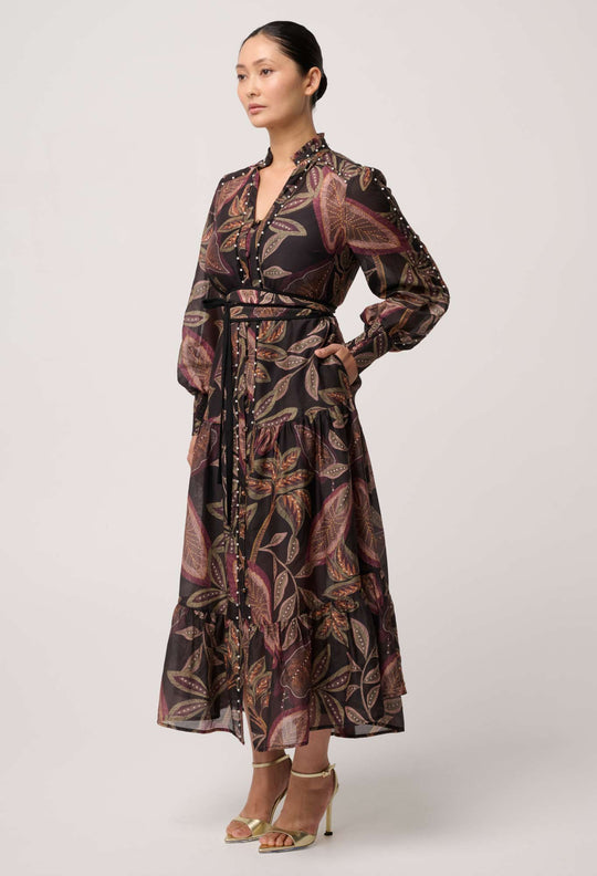 UNDER 5'4 Wanderlust Pearl Embellished Cotton Silk Maxi Dress in Dark Tropique