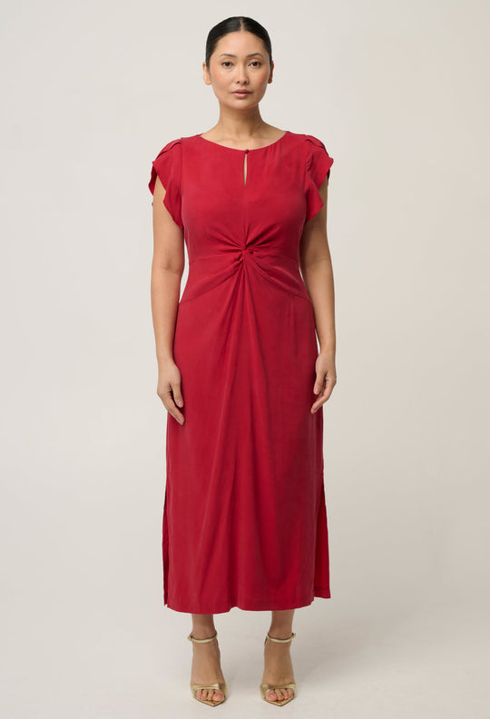 UNDER 5'4 Geneva Stretch Cupro Viscose Column Midi Dress in Dahlia Red