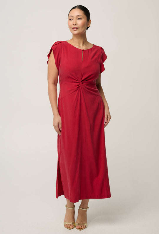 UNDER 5'4 Geneva Stretch Cupro Viscose Column Midi Dress in Dahlia Red