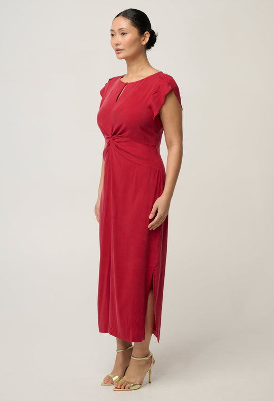 UNDER 5'4 Geneva Stretch Cupro Viscose Column Midi Dress in Dahlia Red