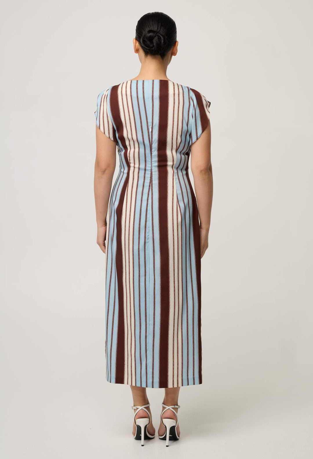 UNDER 5'4 Geneva Stretch Cupro Viscose Column Midi Dress in Iridescent Stripe