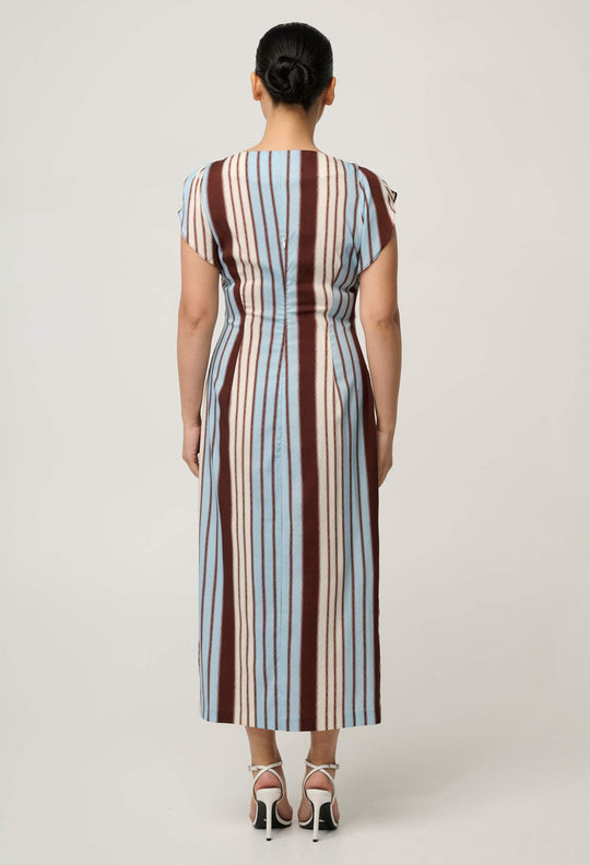 UNDER 5'4 Geneva Stretch Cupro Viscose Column Midi Dress in Iridescent Stripe