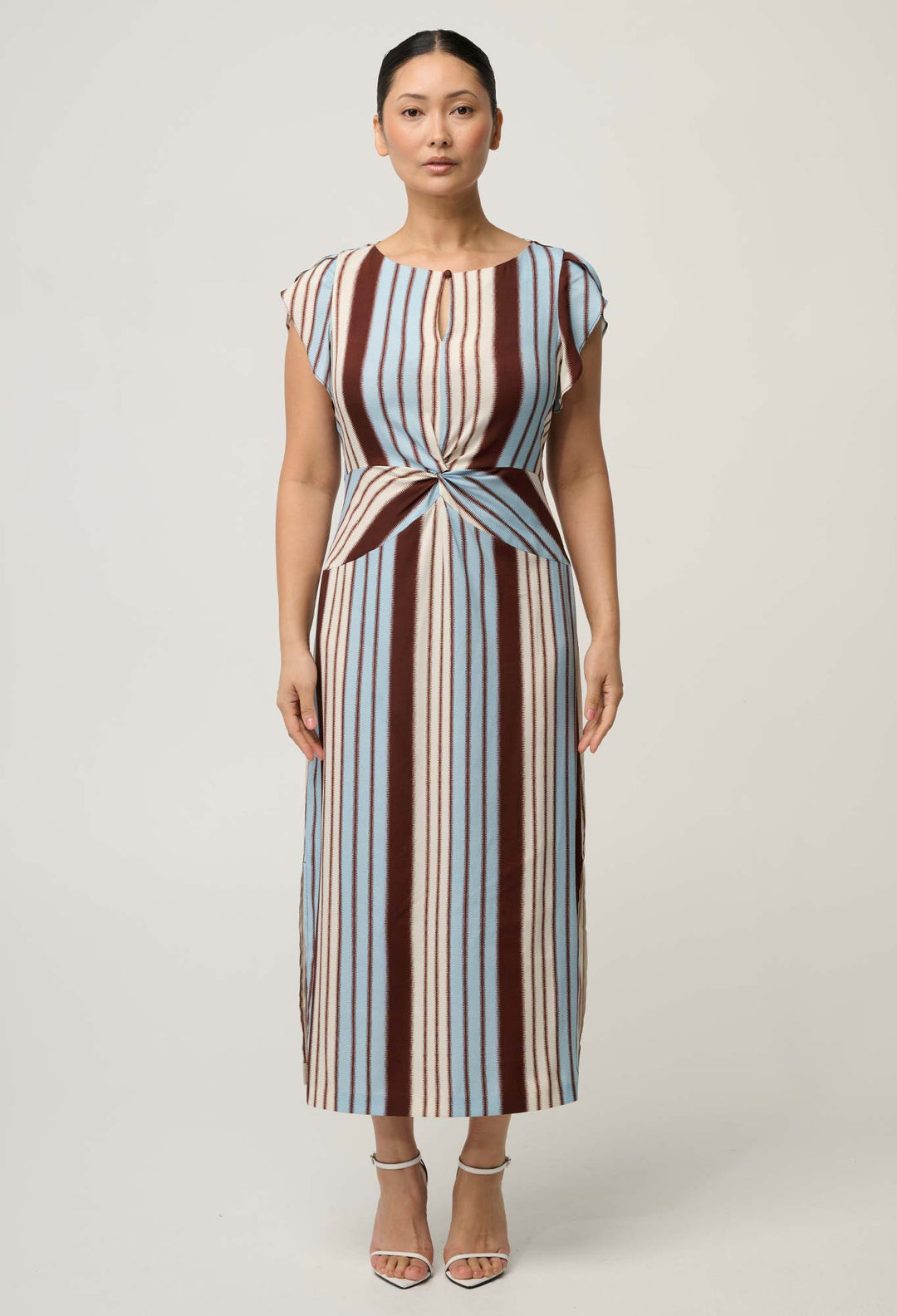 UNDER 5'4 Geneva Stretch Cupro Viscose Column Midi Dress in Iridescent Stripe