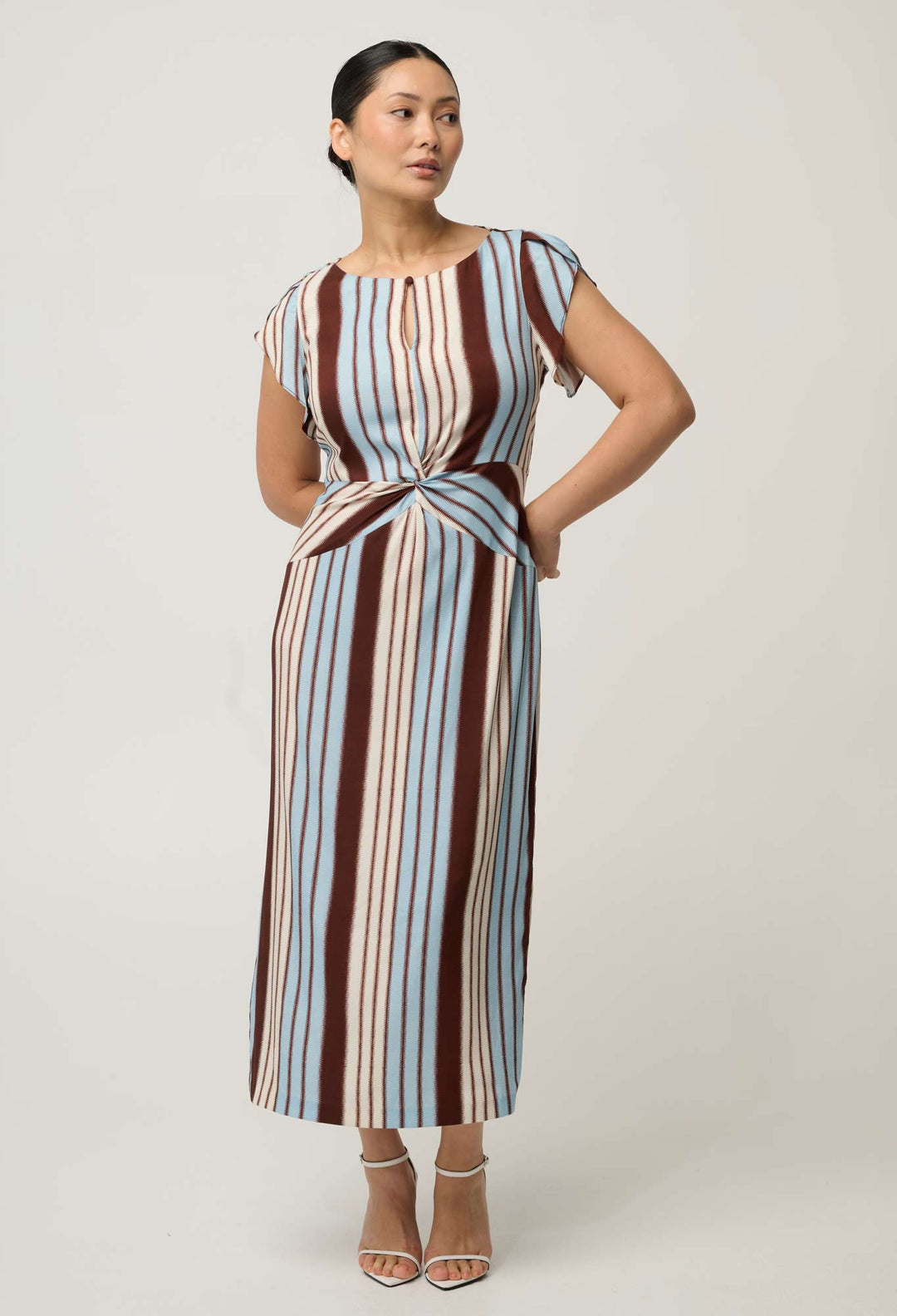 UNDER 5'4 Geneva Stretch Cupro Viscose Column Midi Dress in Iridescent Stripe