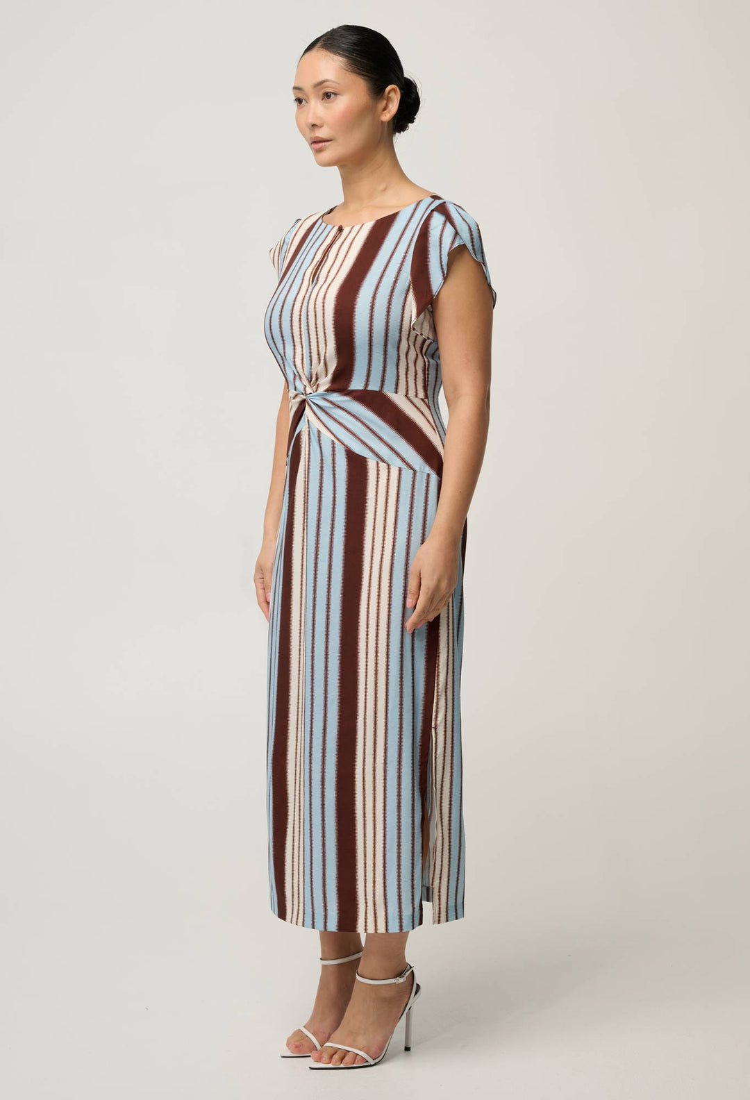UNDER 5'4 Geneva Stretch Cupro Viscose Column Midi Dress in Iridescent Stripe