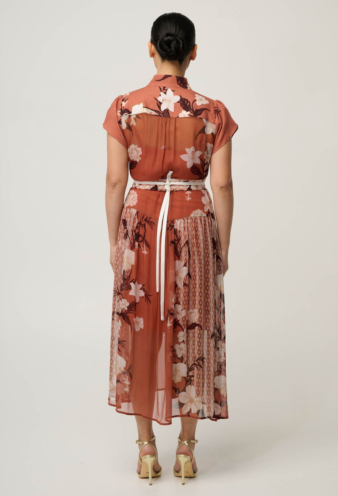 OnceWas UNDER 5'4 Perla Sheer Viscose Print Dress in Amber Vine