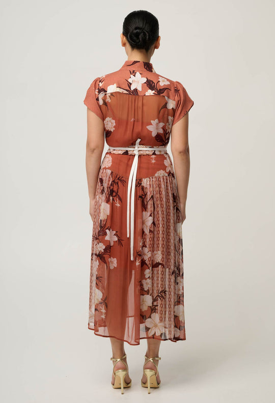 OnceWas UNDER 5'4 Perla Sheer Viscose Print Dress in Amber Vine