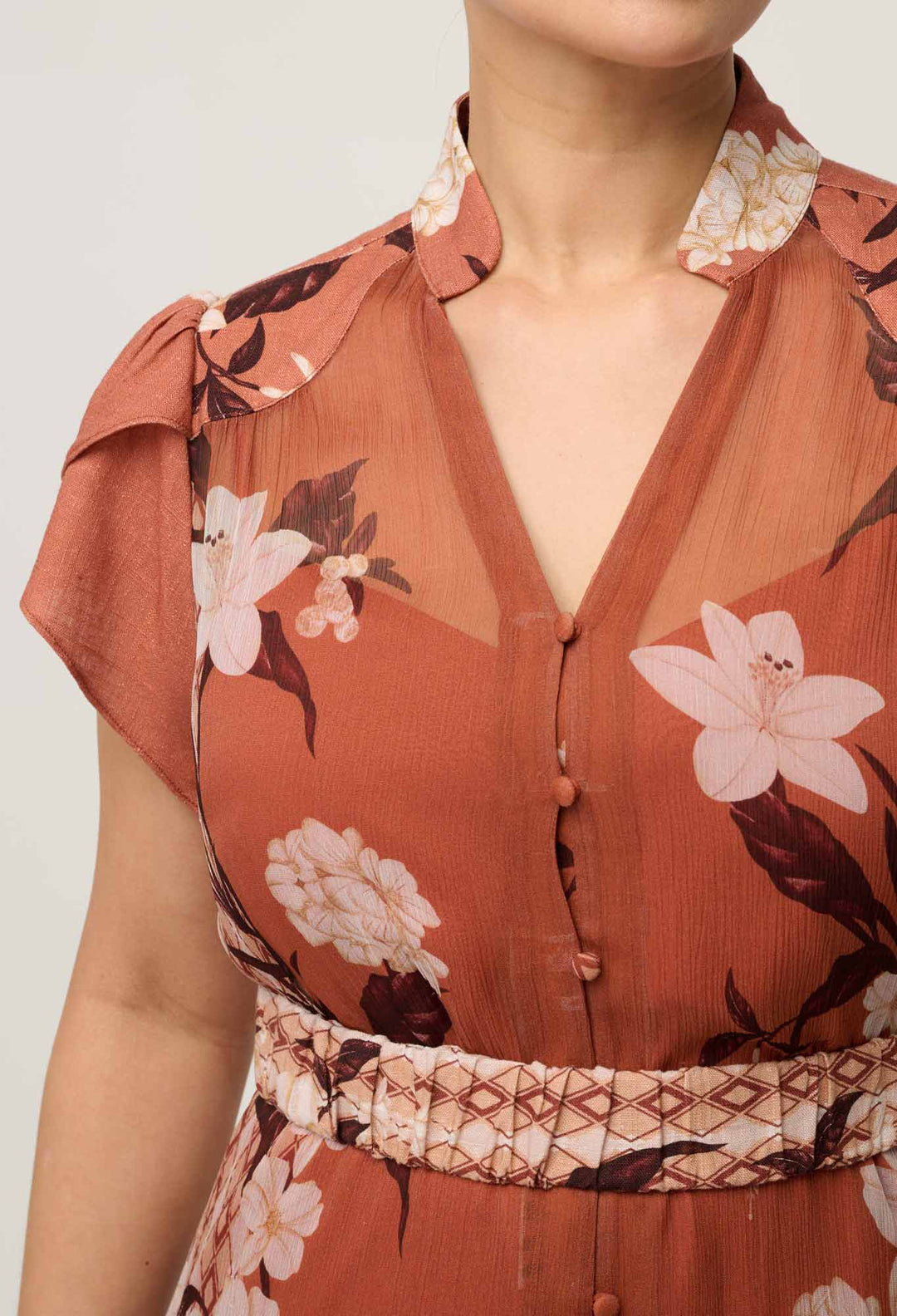 OnceWas UNDER 5'4 Perla Sheer Viscose Print Dress in Amber Vine