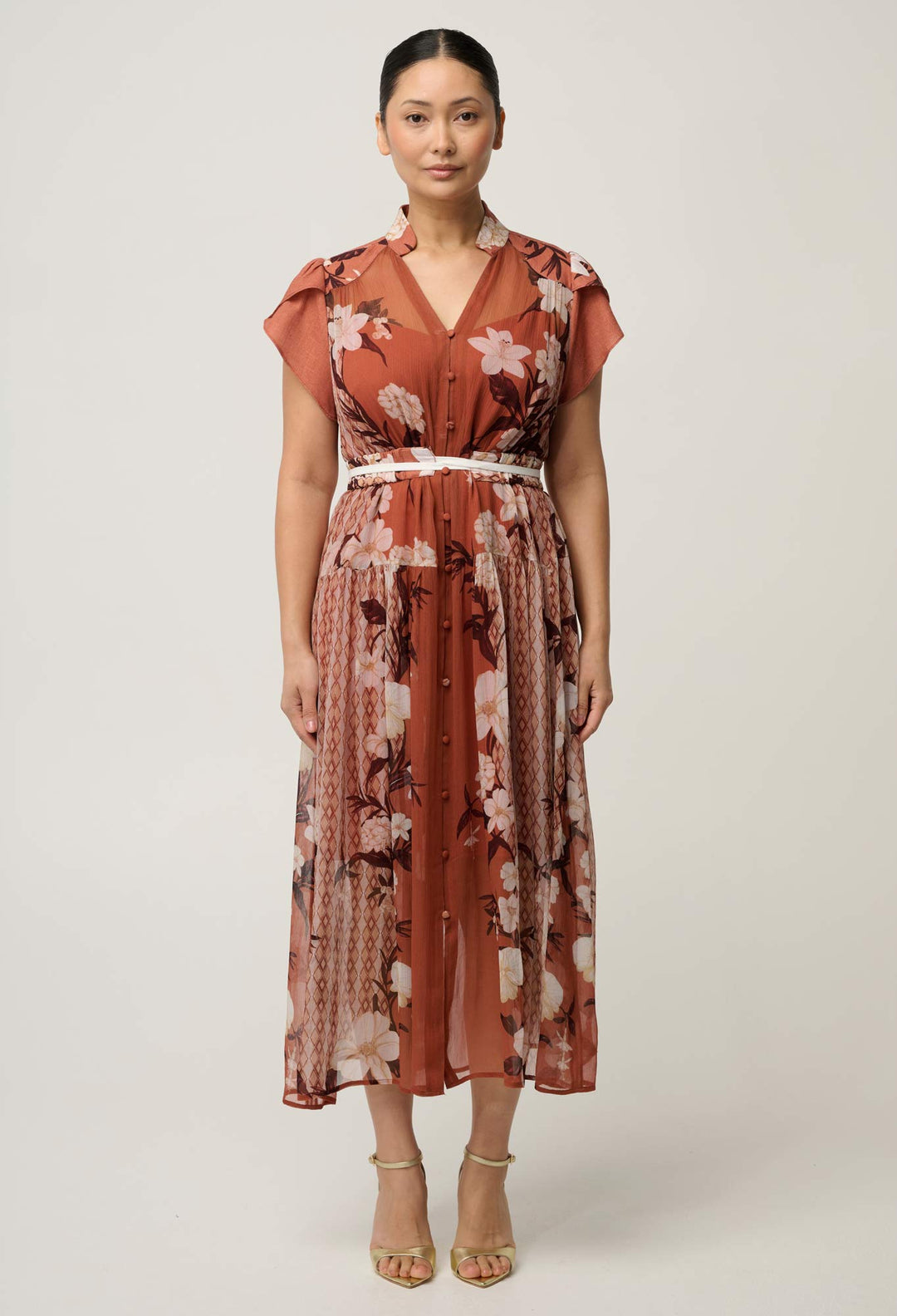 OnceWas UNDER 5'4 Perla Sheer Viscose Print Dress in Amber Vine