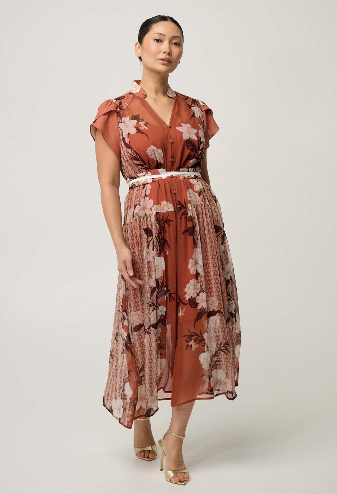OnceWas UNDER 5'4 Perla Sheer Viscose Print Dress in Amber Vine