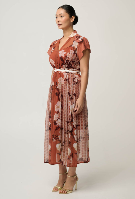 OnceWas UNDER 5'4 Perla Sheer Viscose Print Dress in Amber Vine