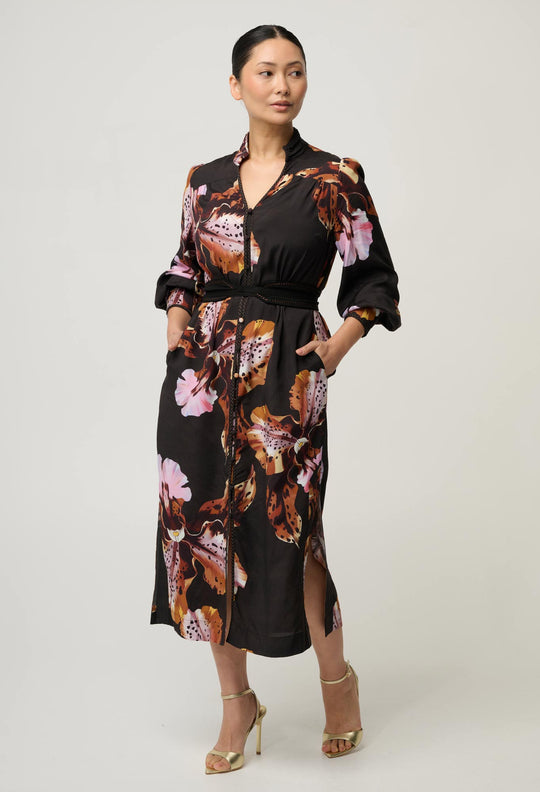 UNDER 5'4 Meredith Viscose Faille Midi Dress in Sunset Orchid