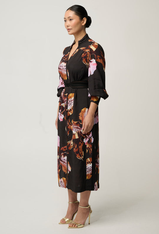UNDER 5'4 Meredith Viscose Faille Midi Dress in Sunset Orchid