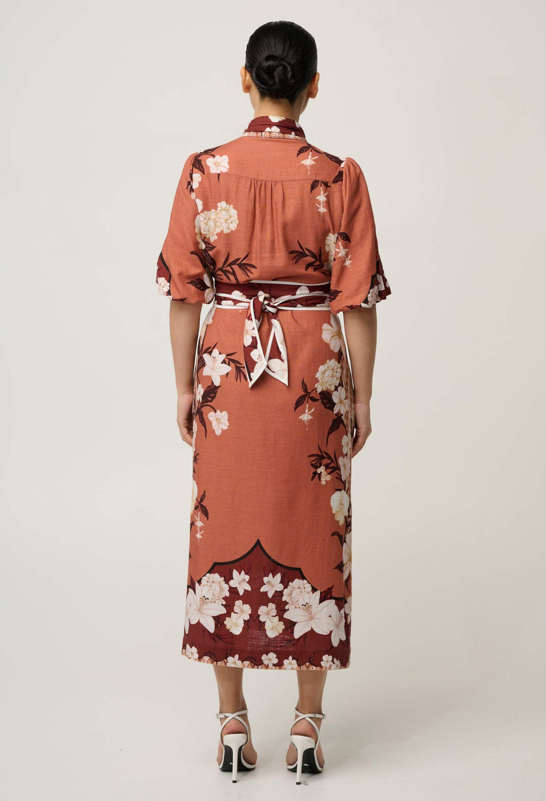 OnceWas UNDER 5'4 Gisela Linen Viscose Column Midi Dress in Amber Vine