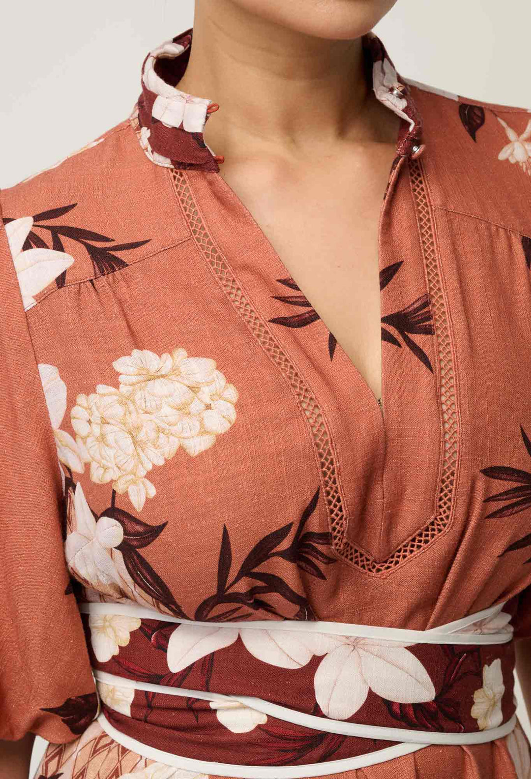 OnceWas UNDER 5'4 Gisela Linen Viscose Column Midi Dress in Amber Vine
