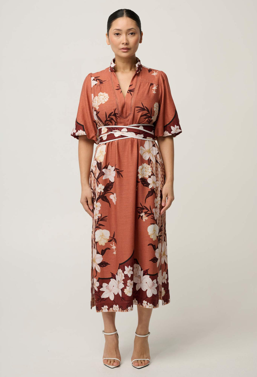 OnceWas UNDER 5'4 Gisela Linen Viscose Column Midi Dress in Amber Vine